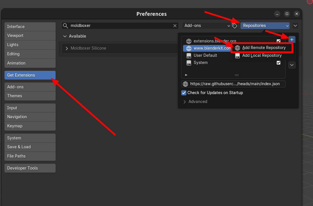Blender Preferences showing Repositories and Add Remote Repository.