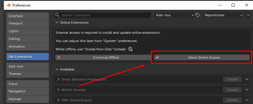 Blender Get Extensions screen showing the Allow Online Access button.