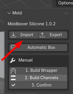 Moldboxer panel with the Import button highlighted.