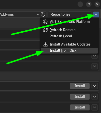 Blender Get Extensions menu with Install from Disk option.