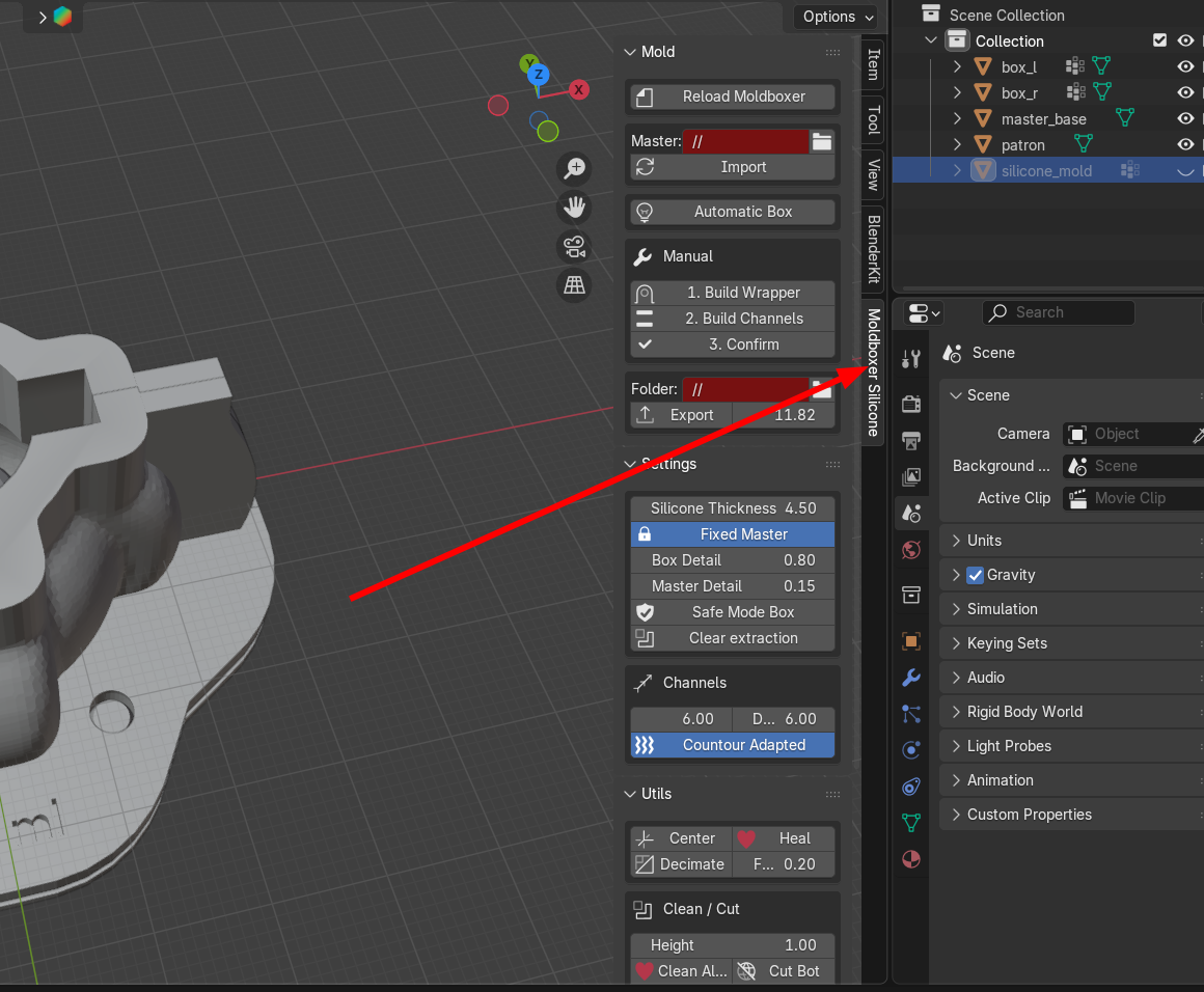 Moldboxer Silicone panel visible in Blender sidebar.