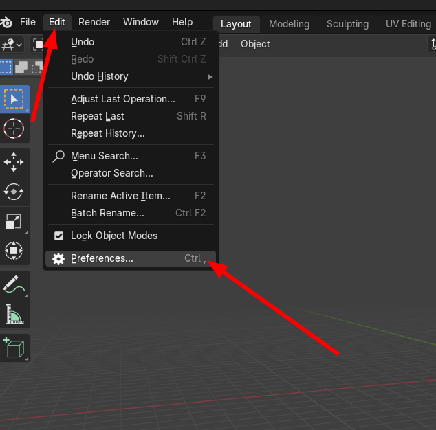 Blender Edit menu with Preferences highlighted.