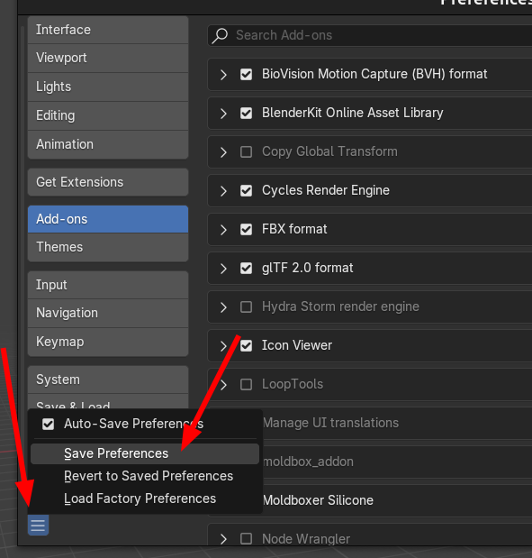 Blender Preferences menu showing Save Preferences.
